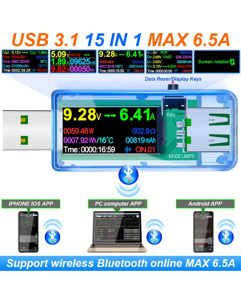 Probador USB 3,1 15 en 1, voltímetro Digital CC, amperímetro, medidor de corriente de voltaje, Detector de amperímetro, indicado