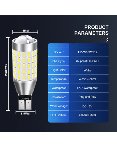 Lámpara de señal de luz de marcha atrás para coche Acura RSX 912, Chip CSP Canbus sin Error, 2 piezas, T15 87SMD, 12V, W16W, sup