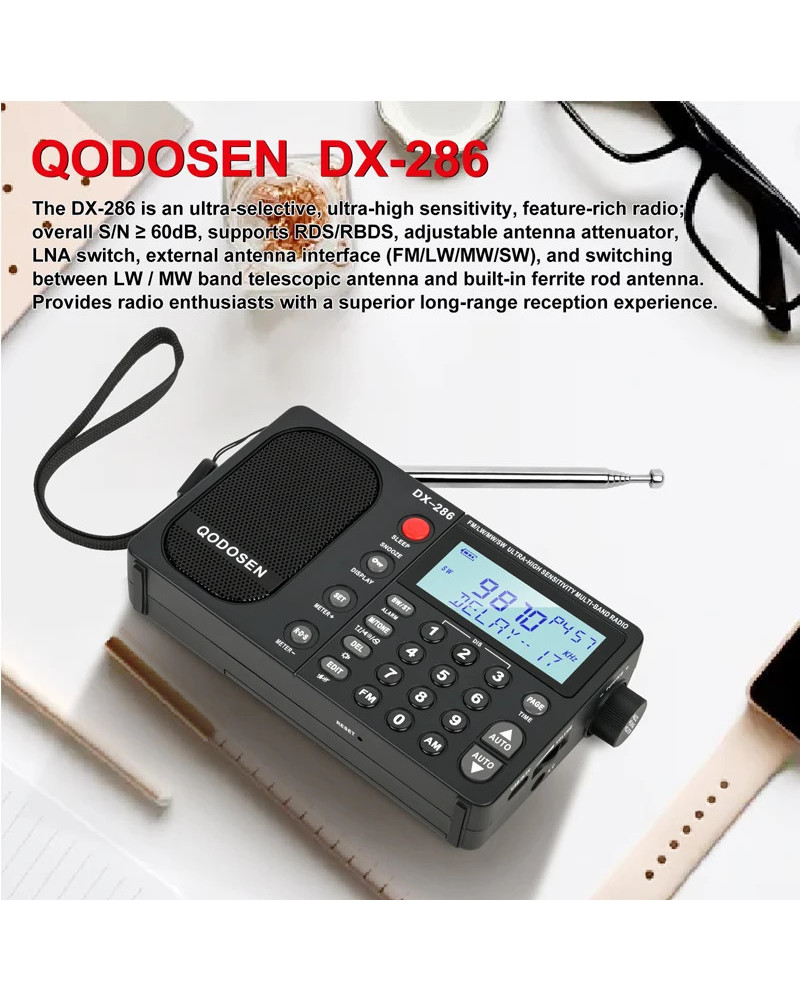 QODOSEN Radio portátil DX-286 para coche, dispositivo de banda completa, AM/FM/LW/SW, con Chip tef6686