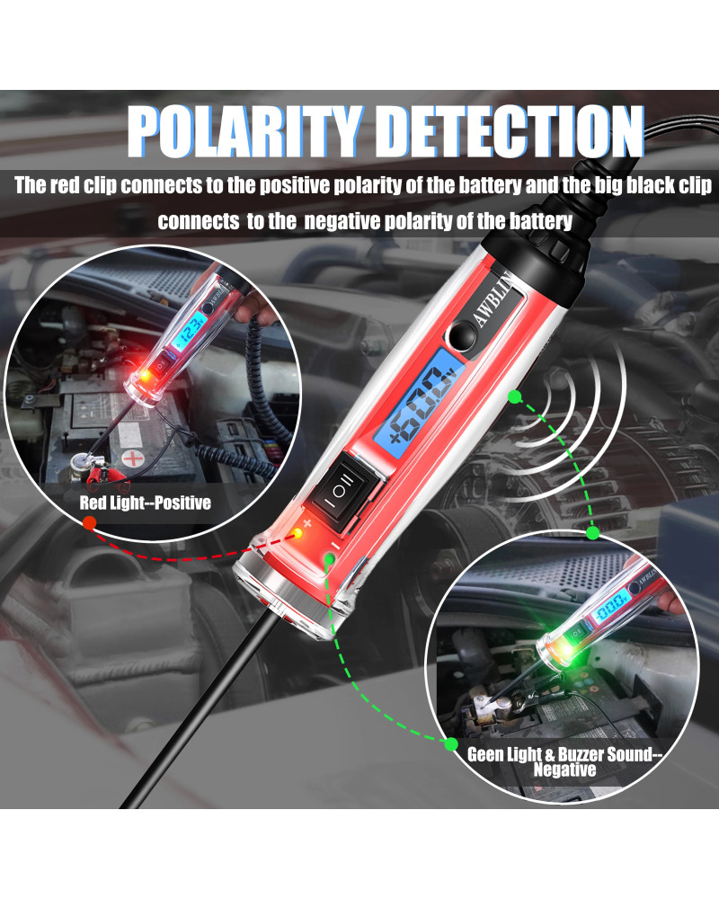 AWBLIN-Testeur de sonde de circuit d'alimentation, lampe de test automobile numérique LCD avec affichage et éclairage de tension