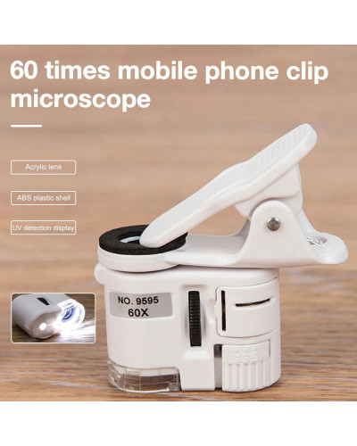 Microscopio con Clip Universal para joyería, lupa LED de 60X, Clip para teléfono celular, enfoque ajustado, microscopio de bolsi