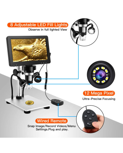 TOMLOV-Cámara de Microscopio Digital DM9, 7 ", LCD, aumento de 1200x, Microscopio de mano, grabadora de vídeo, 1080P, alcance, h