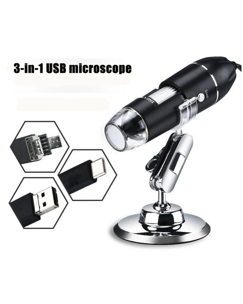 Microscopio Digital portátil de mano, dispositivo electrónico con 8 LED y soporte, interfaz USB, 1600X, 1000X