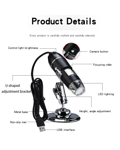 Microscopio Digital portátil de mano, dispositivo electrónico con 8 LED y soporte, interfaz USB, 1600X, 1000X