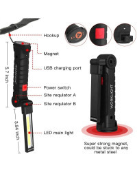 Luz de trabajo portátil COB LED, linterna magnética recargable por USB, lámpara colgante con batería integrada, linterna de Camp