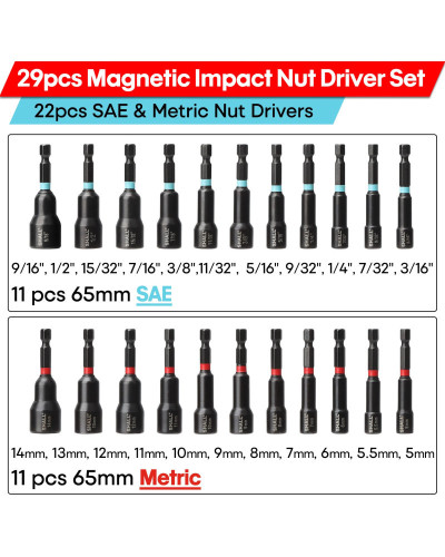 SHALL 29Pcs Magnetic Nut Driver Set Impact Drill Driver Bit 1/4" Hex S