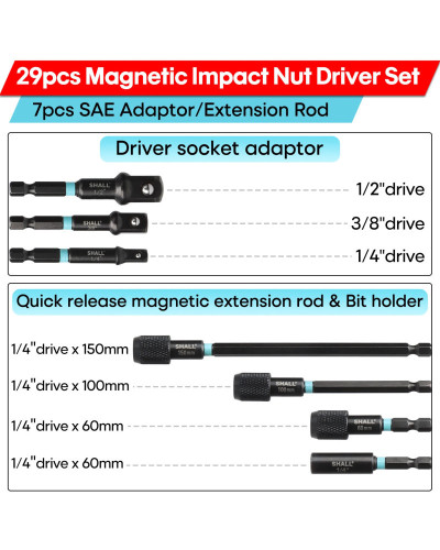 SHALL 29Pcs Magnetic Nut Driver Set Impact Drill Driver Bit 1/4" Hex S