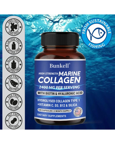 Suplemento de colágeno marino de alta resistencia, 2400 Mg - 120 cápsulas para la salud de la piel, el cabello, las uñas, los hu