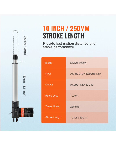 VEVOR 24V Linear Actuator 250mm 300mm 1000N Electric Linear Motor Cont