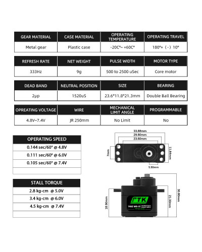 PTK 7452 MG-D 9g Digital Servo Metal Gear for EPP F3P Glider RC Model 