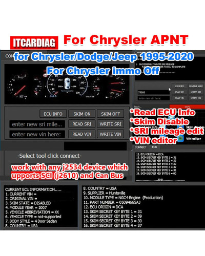 For Chrysler APNT Read ECU Info Skim Vin Edit SRI mileage Edit Immo of