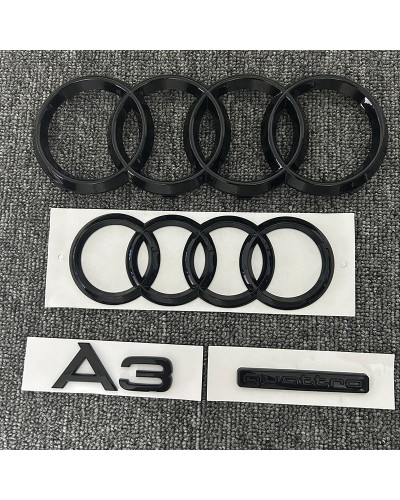 Logotipo de anillo delantero y trasero para Audi A3, conjunto de logotipo de cola Quattro negro brillante, insignia modificada, 