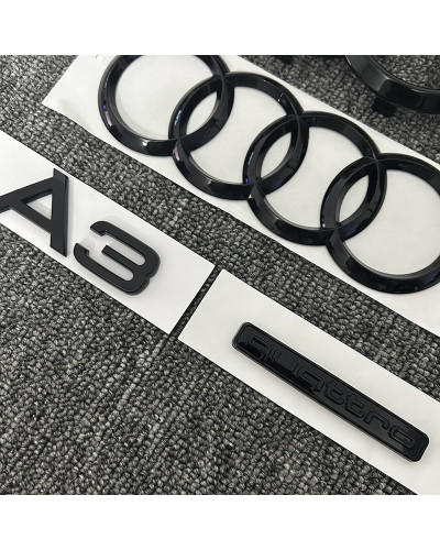 Logotipo de anillo delantero y trasero para Audi A3, conjunto de logotipo de cola Quattro negro brillante, insignia modificada, 