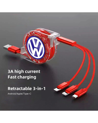 Cable de carga Micro USB tipo C, 3 en 1 para VW Golf multicargador, Tiguan, Jetta, Transporter, Passat, GTI, Polo, Touran, Sciro