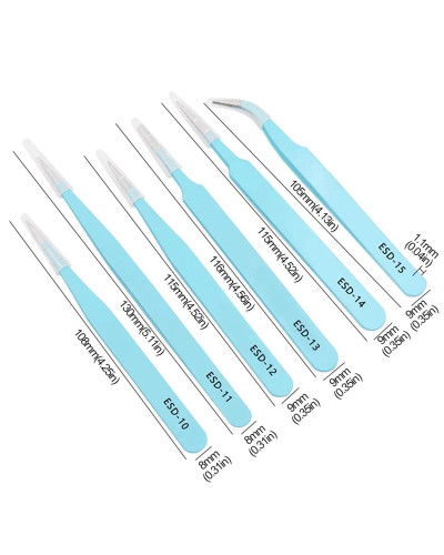 Stainless Steel ESD Multi-colored Tweezers Set, 6 Non-magnetic Precisi