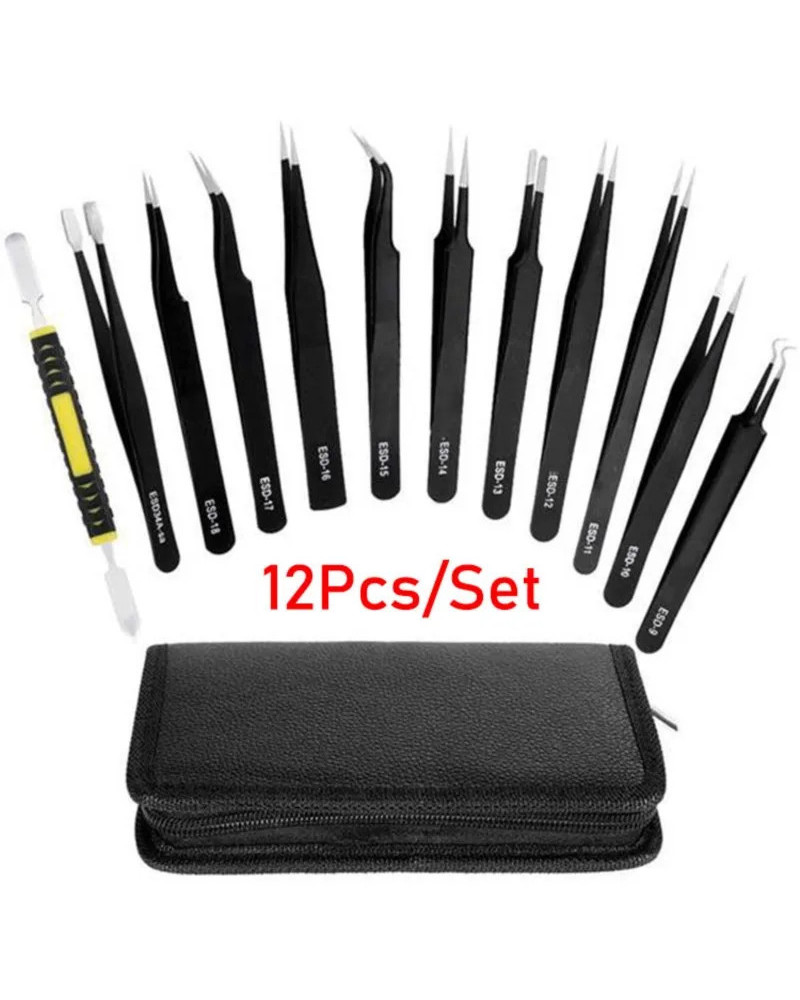 12Pcs/Set Precision Tweezers ESD Anti-static Stainless Steel Elbow Str