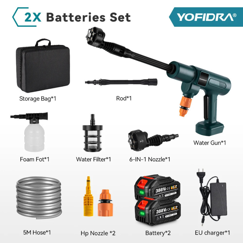 Yofidra 200Bar 3500W Brushless Electric High Pressure Washer 6-in-1 Car Washing Garden Water Gun for Makita 18VBattery Spray Gun