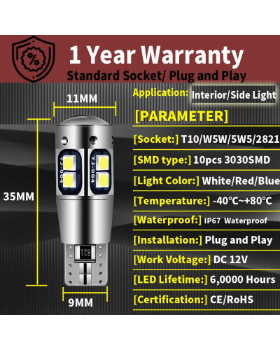 Bombilla LED de posición lateral para coche, Bombilla de estacionamiento, Canbus T10, W5W, 5W5, WY5W, 3030, 10-SMD, para VW T4, 