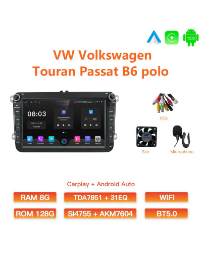 GATAXASKY-REPRODUCTOR multimedia para coche, Radio de 8 pulgadas, 2 din, Android 12, Carplay, para VW, Volkswagen, Passat B7, B6