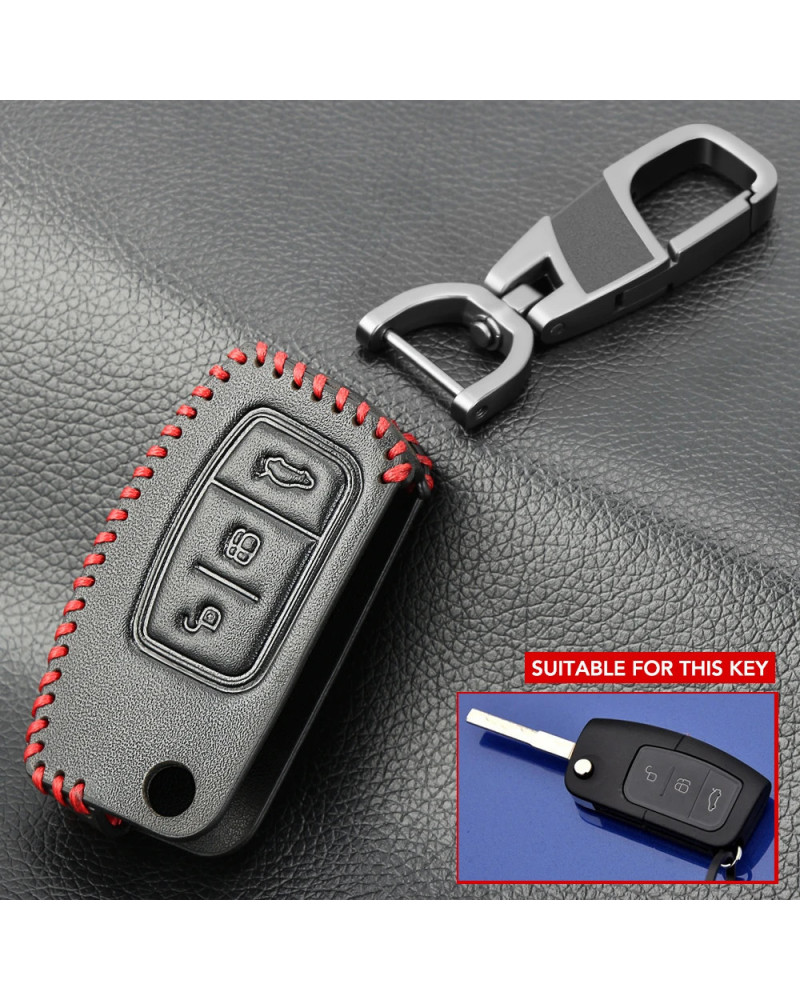 Funda de cuero con anillo para llavero de coche, accesorio para Ford Focus 2, 3, 4, MK2, MK3, MK4, Kuga, Edge, Mondeo, Fusion, E