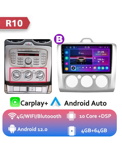 KNOWRO-reproductor multimedia con Android 12 y navegación GPS para Ford, autorradio 2 DIN con reproductor multimedia, 10 núcleos