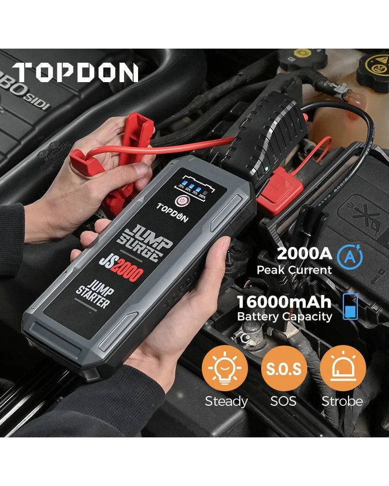 TOPDON-arrancador de batería de coche JS2000 2000A, dispositivo de arranque de 12V, Banco de energía, 16000Mah, para batería de 