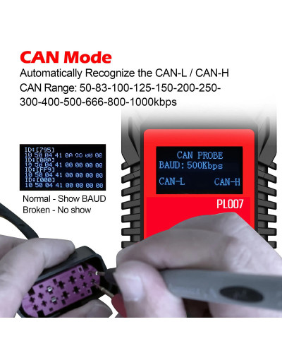 WOYO PL007 CAN LIN PWM Tester, Auto-recognize CAN-H & CAN-L, Read Baud