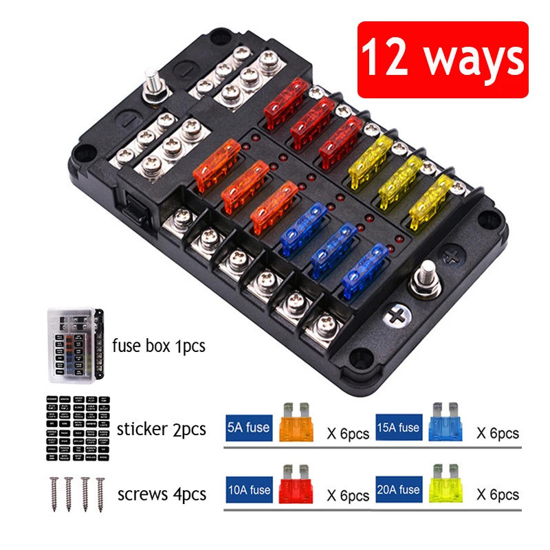 12 Way Fuse Box Holder With Blade Fuse Holder Block & Warning Indicato