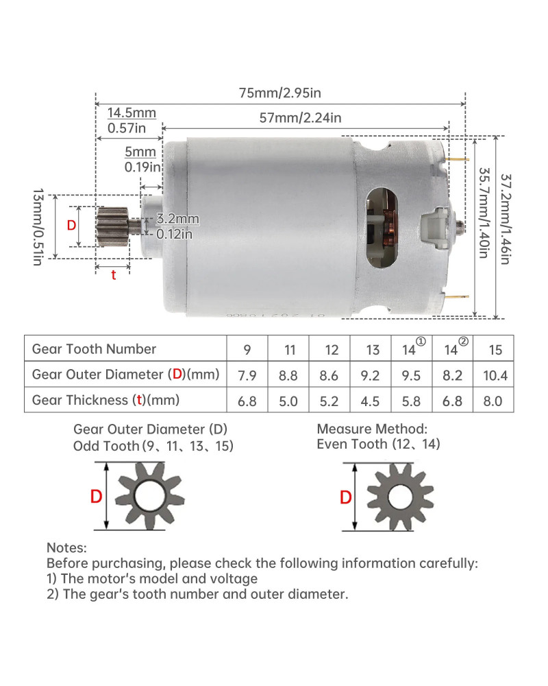 RS550 9/11/12/13/14 Teeth DC ELectric Motor 10.8V/12V/14.4V/16.8V/18V/