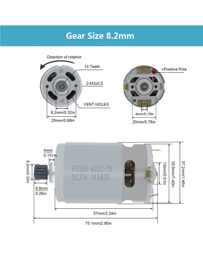 RS550 DC Motor 8.2mm /9.5mm 14 Teeth Gear Micro Motor 21V 25000RPM Ele