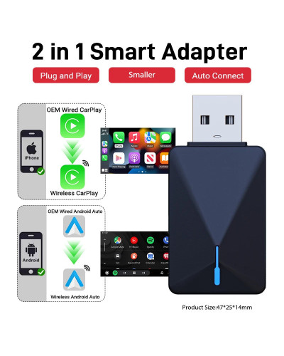 Mini adaptador CarPlay con cable a inalámbrico, Android Auto, 2 en 1 D